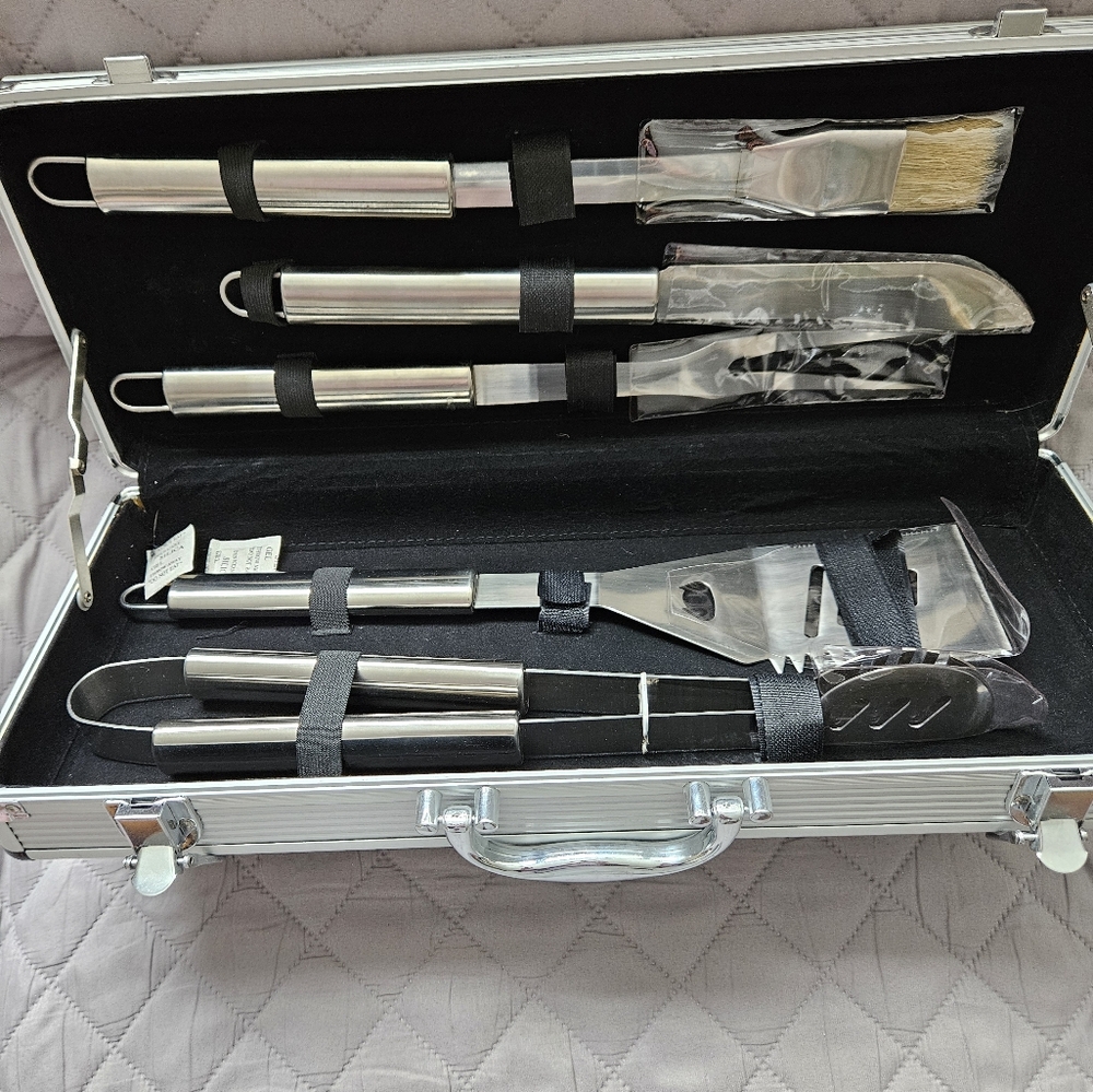 Berbecue utensils set in aluminum carry box with StorageTek logo, 19.5" x 8"